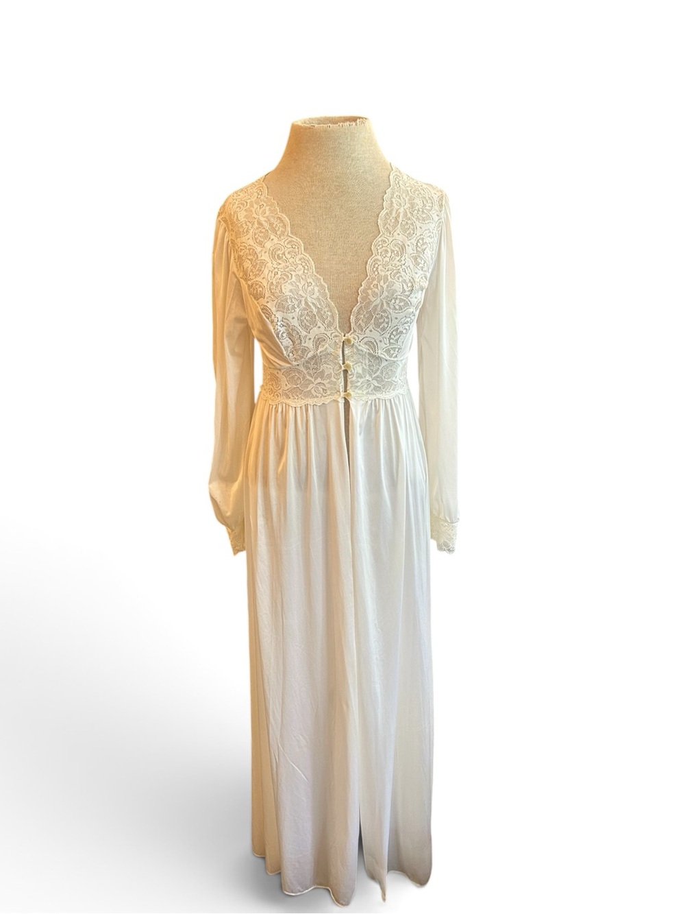 Shadowline Vintage Nylon Women’s Cream Lace-Trim Long Robe with intricate design
